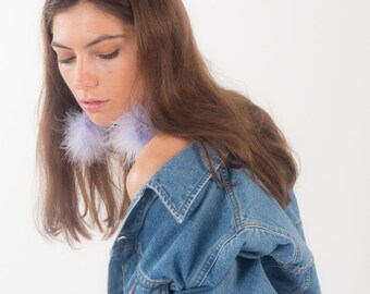 LILAC Fluffy pompom dangle drop fashion earrings with silver plated chain
