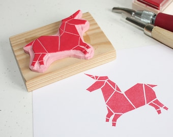 Hand-carved rubber stamp - Origami Unicorn