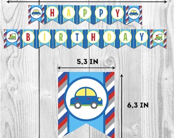 Happy birthday Transport banner, boys party, party paper decoration, Birthday Party Package, printables,mustache party, bowtie birthday