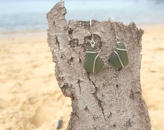 Olive green seaglass earrings