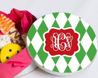 Christmas Tin - Baked Goods Tin - Biscuit Tin - Personalized Cookie Tin - Monogram Gift - Decorative Round Tin - Harlequin Tin Monogram
