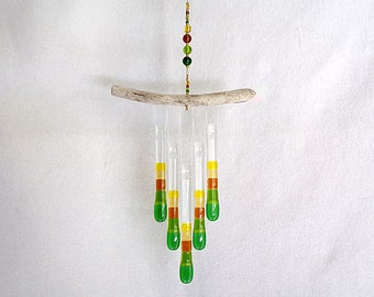 Green, Amber, Yellow, Glass Wind Chime with Oregon Driftwood, Glass Chimes, Harvest Colors, Autumn Colors, Fall Colors