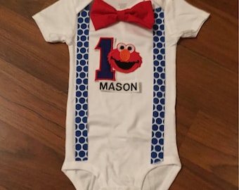 Elmo Personalized Embroidered First birthday, Boys birthday outfit, Baby boy first birthday, Elmo party, Elmo suspenders and bow tie