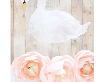 Princess Swan Cake Topper or Centerpiece Decoration w/ white feathers / Swan w/ Gold metallic or Gold glitter crown & beak / Swan Lake decor