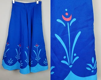 1950s vintage skirt blue with abstract floral detail full fit and flare - 50s full skirt - vintage circle skirt