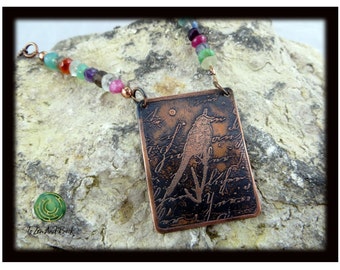 Etched Copper Pendant Necklace Mixed Stone Necklace Adjustable Necklace