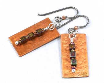 Hammered Earrings, Copper Earrings, Rectangle Earrings, Handcrafted Earrings, Niobium Earwires, Solana Kai Designs, Portland Oregon