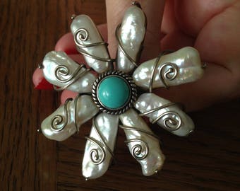 Handcrafted Artisan Freshwater Pearls and Turquoise Flower Ring