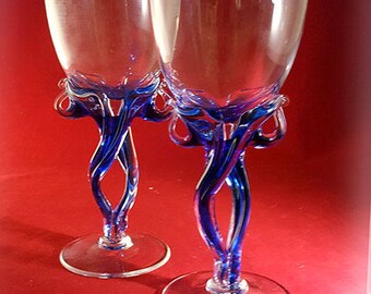 Krosno Jozefina Cobalt Blue Double Twisted Stem Wine Goblets from Poland S/2