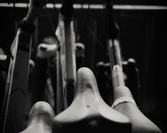 Black and White Photo of Old Bikes
