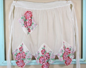Vintage Flower Hankie Apron / Sheer Hankie Apron / Pink Flower Apron