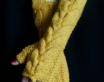 Fingerless Gloves Golden Yellow Cabled Arm Wrist Warmers, Extra Long and Soft