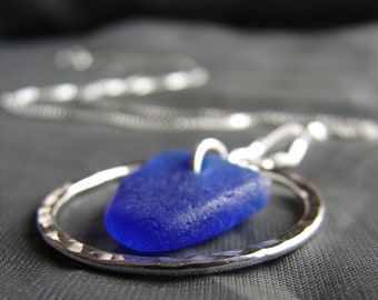 Blue Sea glass necklace / gift for wife / sea glass jewelry / circle necklace / sterling silver / beach glass necklace / seaglass pendant