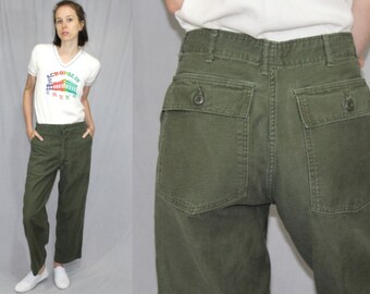Vintage 80s 90s ARMY Green High Waist FATIGUE Zip Trousers Utility Pants 29x26