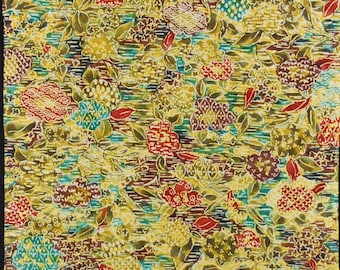 13.5"w. x 15.1"l. Vintage silk kimono fabric yellow green and red flower 2492xC