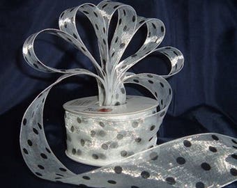 Organza Polka Dot Ribbon - 1 1/2"- White/Black Dots - 25 Yards (75 Ft) - Craft Sewing Supplies