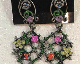 Fancy Vintage Sterling Silver 925? Signed La Rogue Painted Rose Flower Lattice Earrings