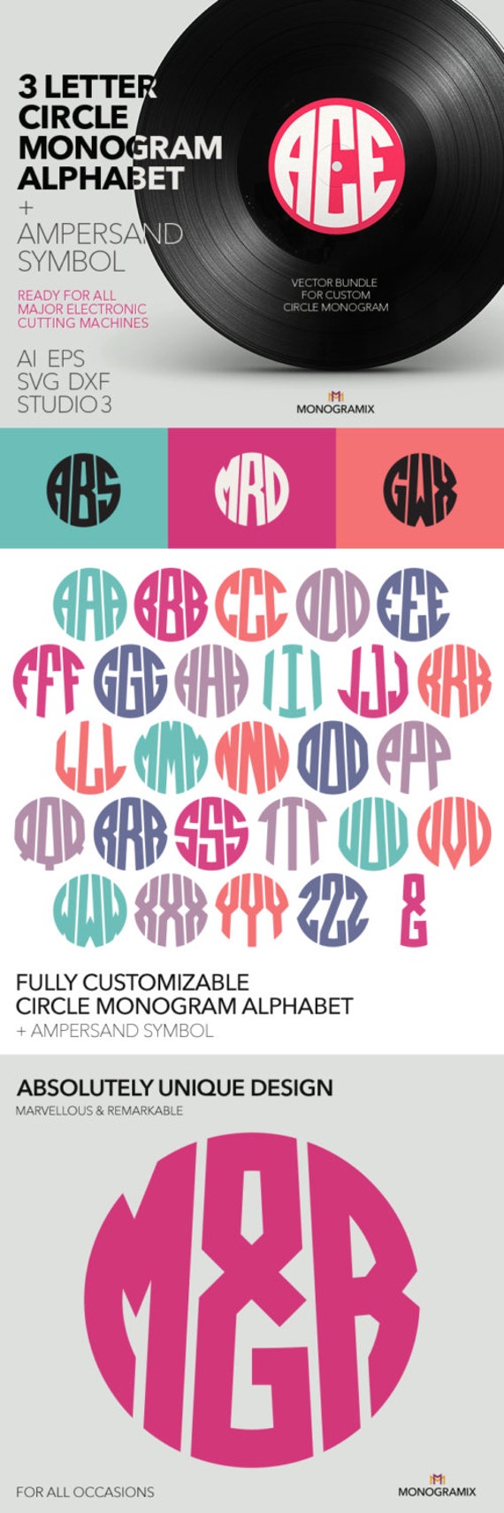 Download 3 Letter Circle Monogram Alphabet Ai EPS SVG DXF Studio