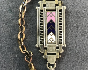 Art Deco Blue, Pink, and White Champleve Enamel Watch Fob and Chain-As is. Free shipping.