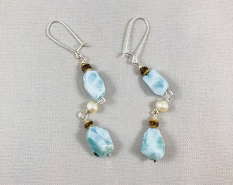 Larimar and fresh water pearl earrings