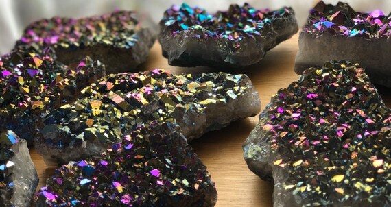 Titanium Rainbow Aura Quartz Amethyst Cluster 435g, Rainbow Titanium Aura Quartz Slab, Aura Amethyst Cluster, Amethyst Cluster, Aura Point