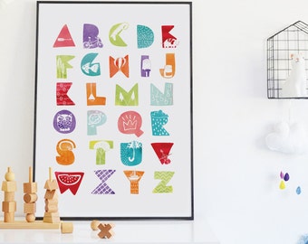 Pastel Alphabet Print, Nursery Alphabet Wall Art, Colorful Nursery Decor, Watercolor Alphabet Poster, Gender Neutral Nursery ABC Playroom Ar