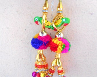 2 Pom tassels, Indian tribal pom pom tassel with parrot beads and pom poms, pom pom bag charms.