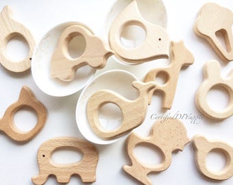 Wooden teether animal/ Certified/ Organic Teething/ Baby Safe/ Bunny Ears/ DIY/ Teething Toy/ Bird/ Elephant/ Whale/ Cat/ Wooden Teethers