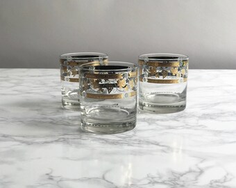 Set of Three Mid Century Gold Rocks Glasses / Gold Grape Vines Rocks Glasses made by Cora / Low Ball Glasses Set of 3