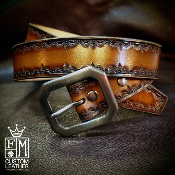 Leather Belt Hand Tooled Brown fade Western/ Native border Custom made for YOU in New York by Freddie Matara