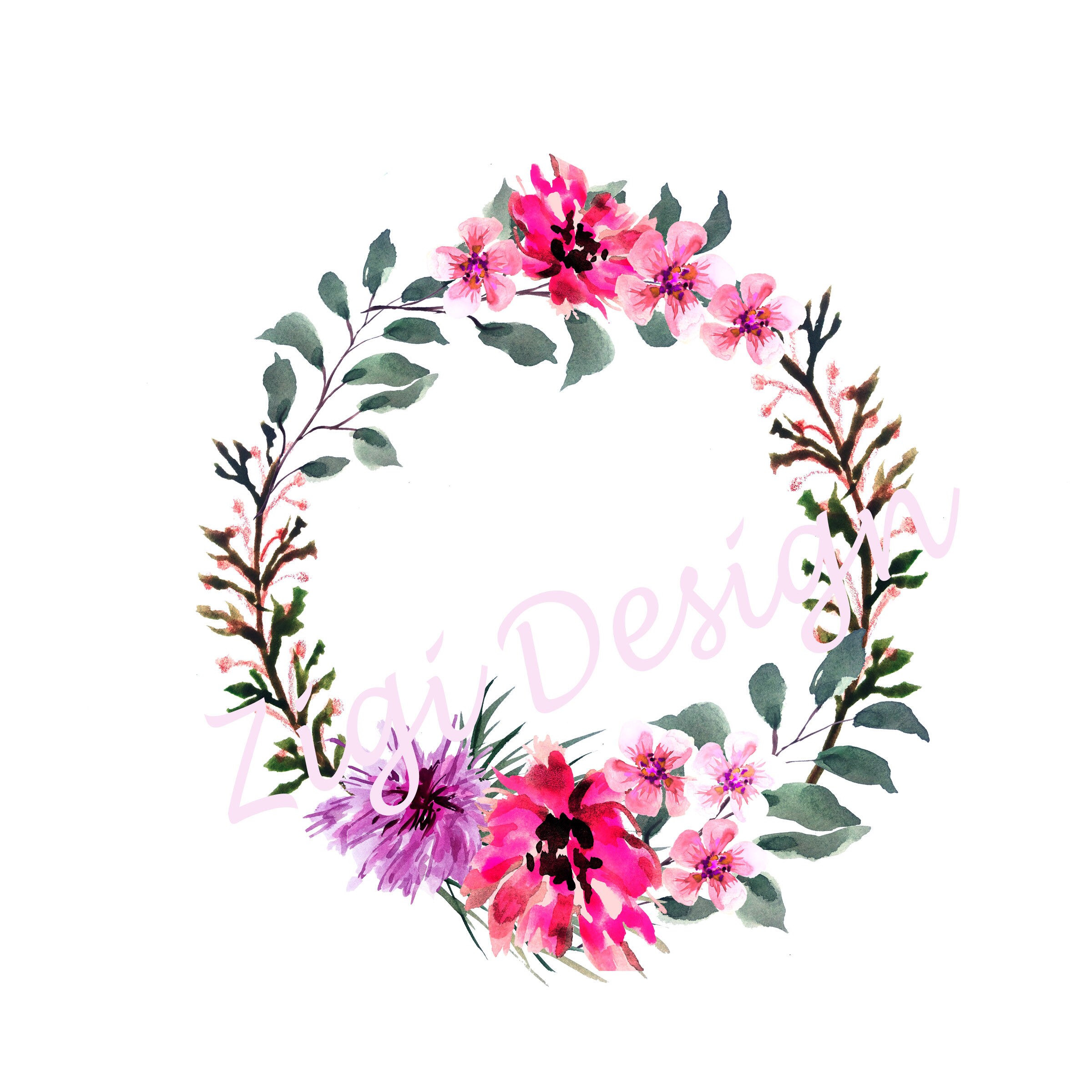 Watercolor anemone clipart / pink floral clipart / laurel