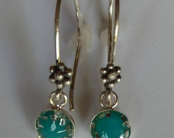 Sterling Silver Turquoise Earrings-Dangle Earrings-Flower-French Earwires-Handmade-Delicate-10mm Sterling Bezel-Resin-Unique-Dainty