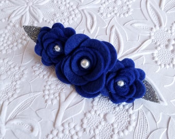 Royal blue felt barrette, Royal blue silver felt headband, Wool Felt French Barrette, Adult french barrette, Baby Headband