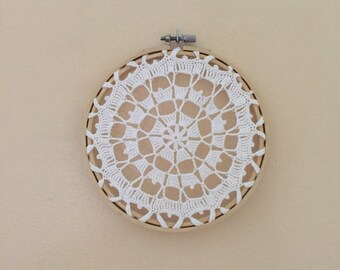Frame, white crochet doily