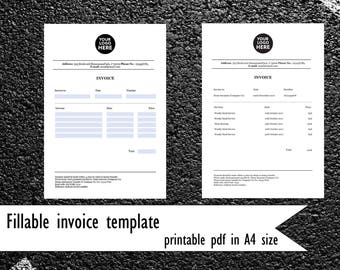 Fillable invoice template. PDF invoice in A4 size. Company logo, address, details filled invoice. Printable invoice template.