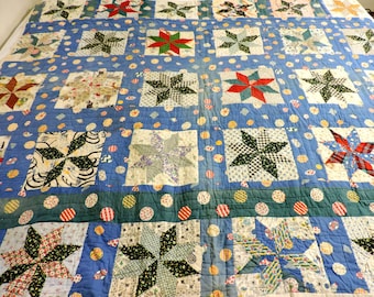 1930s 8 Point Star Quilt, Vintage Collectible Feedsack Hand Quilted n Pieced Patchwork Quilt, 76 x 66, Farmhouse Home Decor itsyourcountry
