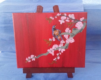 Singing Bird in Cherry Blossom Tree Painting