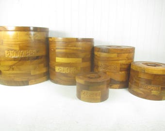 Vintage wood canisters, farmhouse kitchen, nesting canister set, stacking canisters,storage,cookies flour sugar tea coffee,