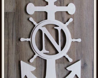 Nautical Door Hanger with Monogram Letter - Unpainted Wood - 22" size - Anchor and Ships Wheel - Wooden Letter - Wall Hanging - Home Decor