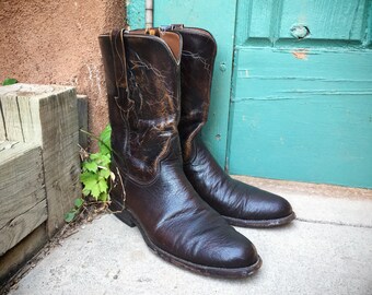 Vintage Lucchese cowboy boot Men's Size 8.5 D black cherry brown leather boot, Mens Luccheses round-toed Western boots, Lucchese roper boots
