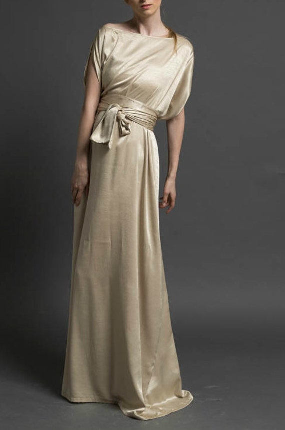 Formal gold dress from Italian satin with a silky look. Made