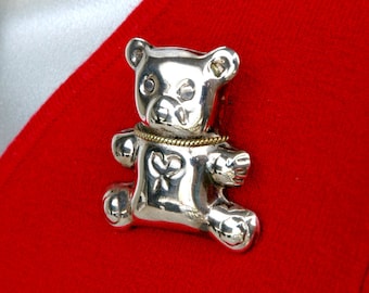 Sterling Silver Repousse Teddy Bear Brooch Vintage