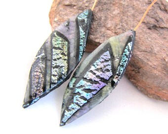 Flat Pods Polymer Clay Headpins Shimmery Opalescent Mosaic Blue, Purple Black Textured Lightweight Copper Wires Numi- Poly Pair (2)