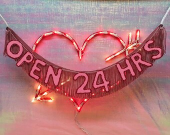 Open 24 Hrs Glittering Fringe Banner | 24/7 sign, fringe banner, tassel banner, neon sign inspired, open sign, funny banner, decor banner