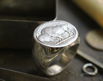 Signet Ring in silver - coin - 5 cent BUFFALO