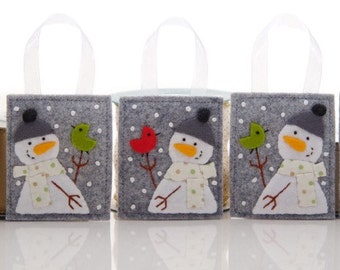 Felt Ornament Set, 5 Snowman Ornaments, Handmade Christmas Tree or Package Decorations, Advent Calendar Gifts, Felt Bird Ornaments
