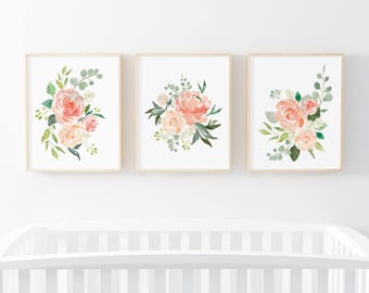 Cream and Peach, Set Of 3 Floral Prints, Nursery Decor, Floral Prints, Nursery Wall Art, 3 Pack Nursery Print, Watercolor Flowers, Bouquet