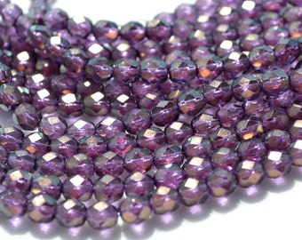 Halo regal Purple Czech Glass 6mm Facetd Fire Polish Round Beads 25