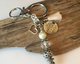 Keychain, Beaded keychain, boho crystal white, tassel keychain, Inspirational Keychain, Gift Keychain, Fun