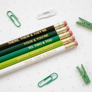 GREEN GRAMMAR PENCILS Stocking Stuffer Ombre Coloured Pencil Set Gift for School English Teacher Graduation Present Colourful Retro Hex Gold
